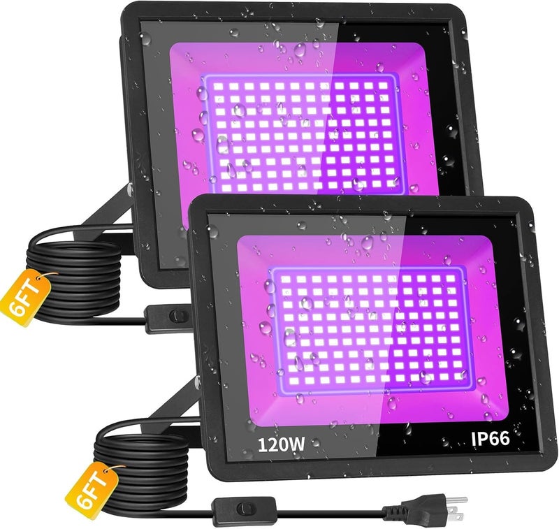 THECHAM Store 2 Pack Waterproof 120W LED Black Lights con 6ft Cord, Outdoor Black Lights Floodlight for Glow Party, Light Up 1100ft, Flood Light in Dark for Christmas, Birthday, Halloween - Image 1